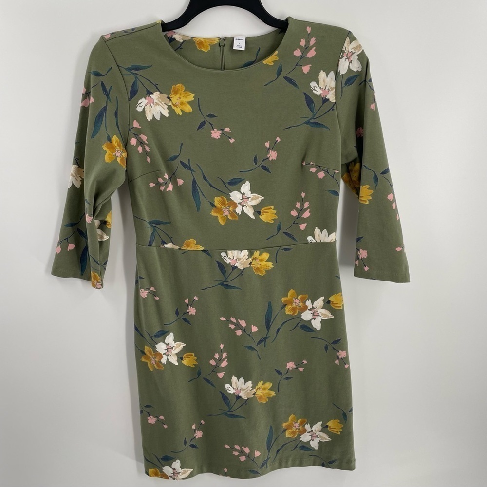Old Navy Green Floral Sheath Zip Back Cotton Blend 3/4 Sleeve Office Casual